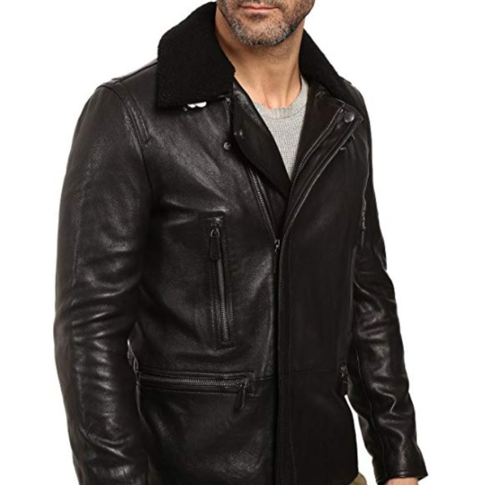 Coach men black leather jacket shearling collar